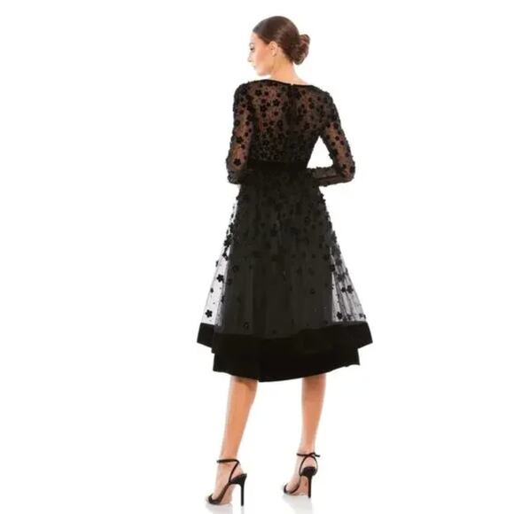 Mac Duggal Black Embellished Illusion High Neck Long Sleeve Fit Flare Midi Dress - Picture 3 of 16